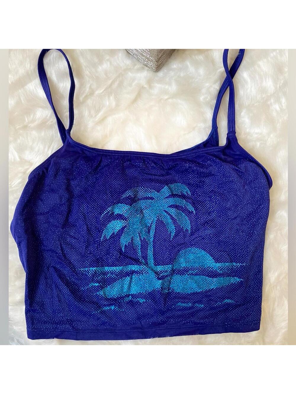 Blue Palm Tree Print Crop Top Swimwear Bikini Top Large